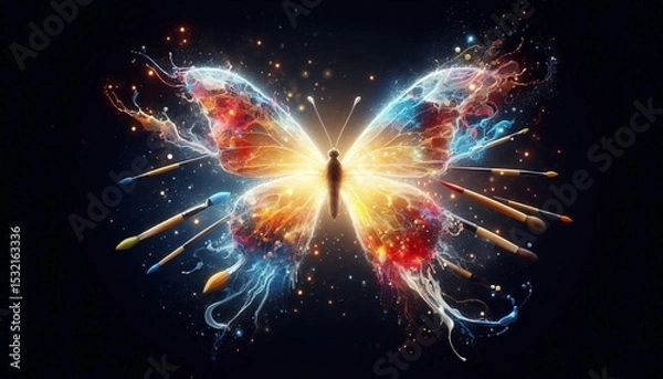 Obraz Celestial Wings: An ethereal butterfly, illuminated by radiant light, embodies transformation and delicate beauty, its vibrant wings sparking with celestial energy against a dark, mystical backdrop. 
