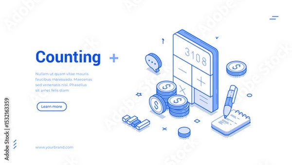 Obraz Isometric banner features counting elements including numeric displays, coins, and a notepad. The clean, modern design highlights financial activities and counting processes with clarity.
