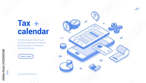 Obraz Visual representation of a tax calendar featuring various financial elements like invoices, coins, and graphs designed for efficient organization and planning. Modern isometric line banner template