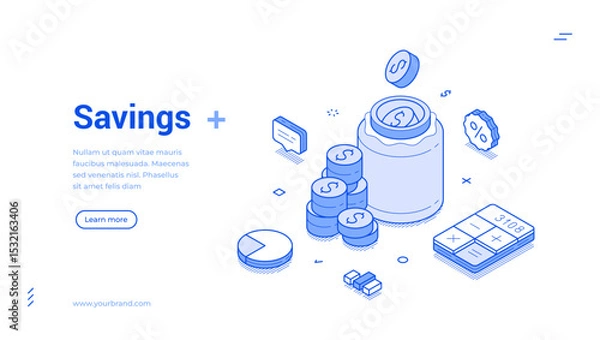 Fototapeta Isometric line illustration highlighting savings concepts, including a jar, coins, and a calculator. It effectively communicates financial planning and budgeting ideas.