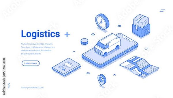 Fototapeta Modern isometric line illustration depicting logistics concepts. It includes a delivery van, smartphone, packages, and a clock, highlighting efficient supply chain management.
