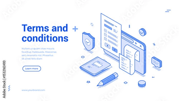 Fototapeta Isometric line banner presents vital terms and conditions in a clean and modern format. It features various icons and elements designed to enhance user understanding and experience.