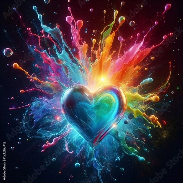 Obraz Heart's Explosion: A radiant, jewel-toned heart bursts forth with an explosion of vibrant colors, symbolizing passion and creative energy against a dark background.