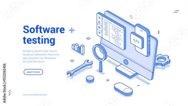 Obraz Isometric line banner that highlights software testing tools including a computer screen, mobile device, and various icons.