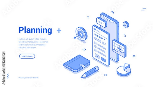 Obraz Isometric line illustration showcases various planning elements, including a smartphone, checklist, calendar, and other tools essential for effective organization and time management.