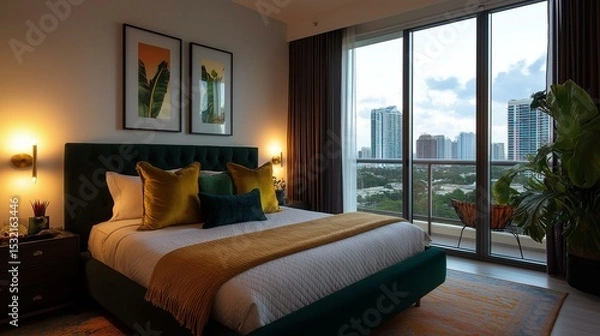 Obraz Modern and luxurious bedroom with a large window that offers a panoramic view of the city.