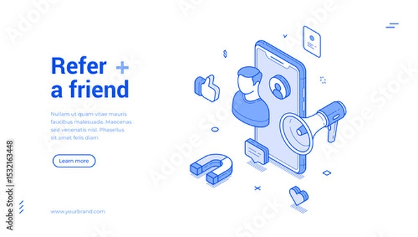 Fototapeta Banner features isometric elements focusing on friend referrals. A smartphone displays user profiles, promoting sharing and engagement through social connections and modern design.