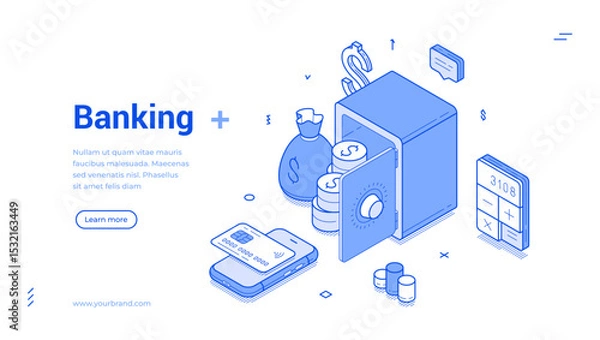 Fototapeta Isometric line banner showcases essential banking elements including a safe, cash, and financial tools. It highlights the simplicity and efficiency of modern banking solutions for users.
