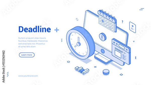 Fototapeta Creative isometric line banner illustrating deadline management with a clock, calendar, and digital elements. Ideal for project planning or time management themes in a modern style.