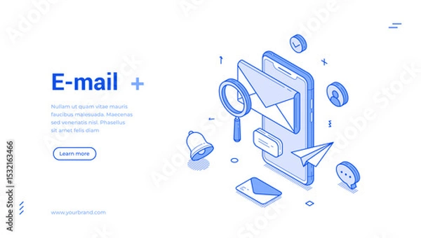 Fototapeta Graphic representation of email communication featuring an isometric design. Elements include a phone, envelopes, and icons that symbolize messaging and notifications, emphasizing digital interaction.