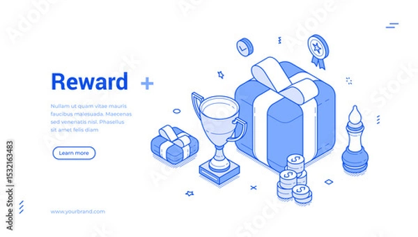Fototapeta Isometric line banner showcases a vibrant design centered on rewards, featuring a trophy, gifts, and coins, perfect for promoting recognition and success in various events and activities.