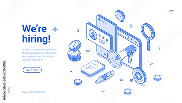Fototapeta Hiring banner features a modern isometric design with various elements like a megaphone, user profiles, money, and notes. It's a visually appealing way to attract potential candidates.