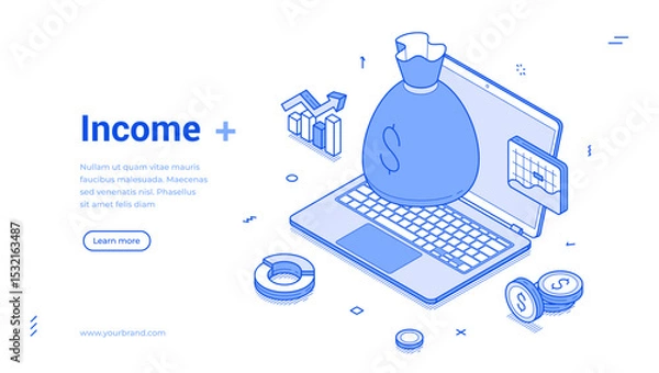 Fototapeta Isometric line banner highlights the concept of income, displaying a laptop surrounded by financial symbols, including a money bag, graphs, and coins, emphasizing financial growth and management.