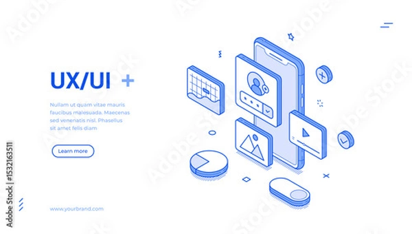 Fototapeta Creative illustration features isometric line art elements related to UX UI design. It highlights various digital icons and functionalities, promoting user interaction in a modern web environment.