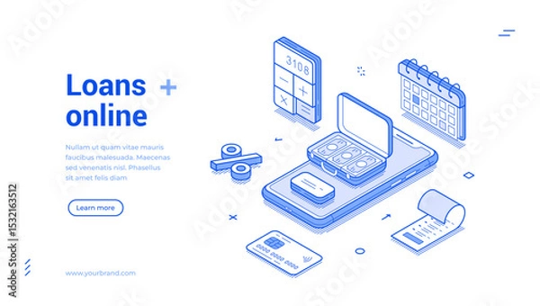 Fototapeta Isometric illustration featuring an online loan process. Design includes a smartphone, calculator, cash, and calendar, symbolizing easy access to loan services.