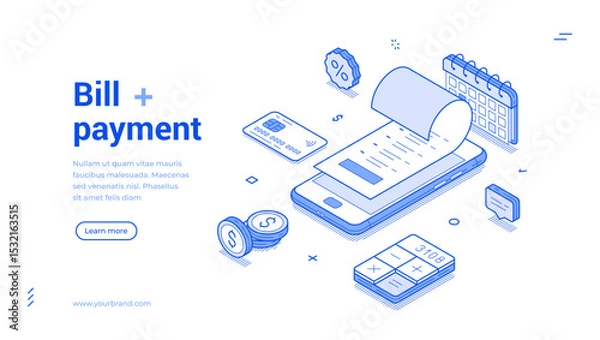 Fototapeta Isometric line illustration emphasizing the bill payment process. Features include a smartphone, receipt, calendar, and various payment tools in a sleek layout.