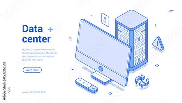 Fototapeta Isometric design of a data center with a computer monitor and server. The illustration highlights various features including security and connectivity in a clean, modern style.