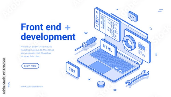 Fototapeta Isometric illustration depicts front-end development with a laptop, coding symbols, and tools, showcasing the significance of web development in todays tech landscape.