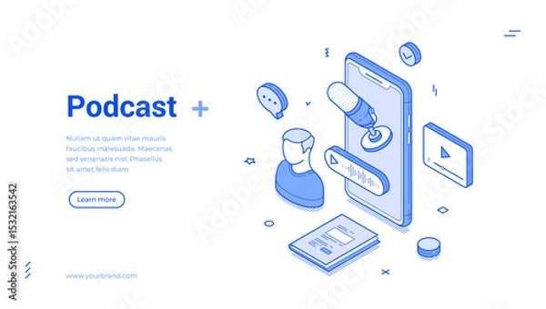 Obraz Isometric line art banner features vibrant podcast elements, including a microphone, audio waveforms, and visual representations of a listener.
