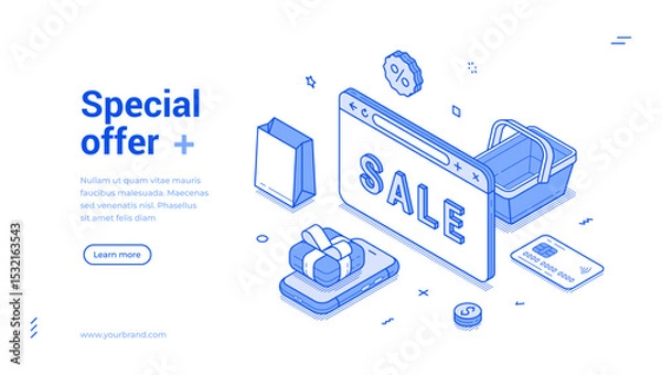 Fototapeta A vibrant isometric line banner showcases a special offer, including shopping elements like a gift box, sale sign, and shopping bag. It invites users to learn more about promotional deals available.
