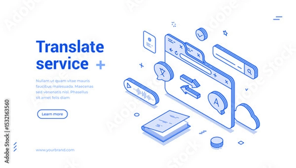Fototapeta Isometric line banner focused on a translate service. It includes modern vector illustrations such as dialogue bubbles, documents, and various icons related to translation.