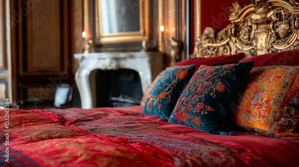 Obraz Luxurious bedroom with a large bed in the center. the bed has a red comforter with a floral pattern and two blue and orange throw pillows on top.