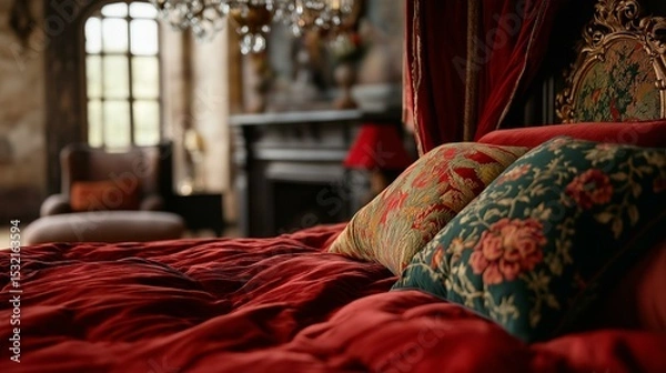 Obraz Luxurious bedroom with a large bed in the center. the bed is covered with a red comforter and two colorful throw pillows with floral patterns.