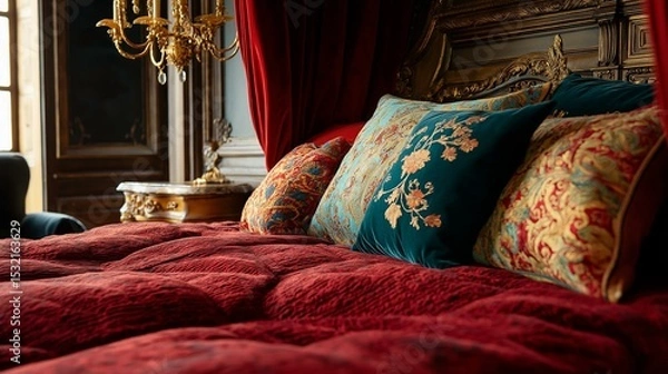 Obraz Luxurious bedroom with a large bed in the center. the bed has a red comforter and several colorful throw pillows with floral patterns in shades of blue, green, and gold.