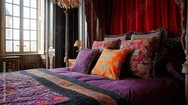 Obraz Luxurious bedroom with a large window on the left side. the window is covered with red curtains and has a chandelier hanging from the ceiling.
