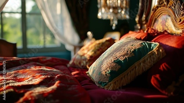Obraz Bedroom with a large window on the left side. the window has white curtains and is letting in natural light.