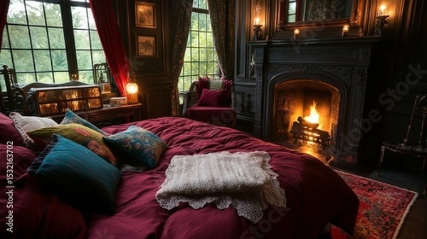 Obraz Cozy bedroom with a large bed in the center. the bed is covered with a red comforter and several colorful throw pillows in shades of blue, green, and pink.