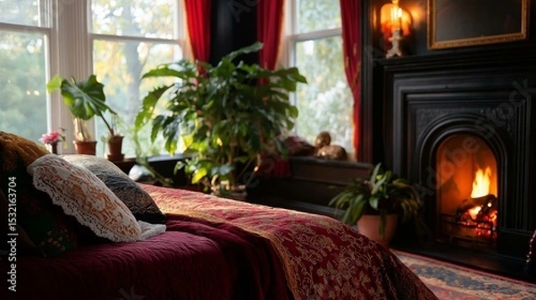 Obraz Cozy bedroom with a fireplace on the right side. the fireplace is made of wood and has a fire burning inside.