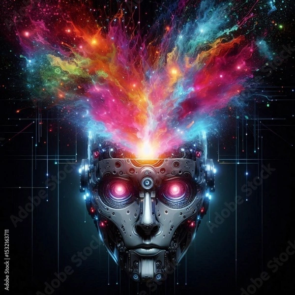Obraz Artificial Intelligence Unleashed: A mesmerizing visualization of artificial intelligence with a robot head emitting a burst of vibrant colorful energy, symbolizing creativity and innovation.