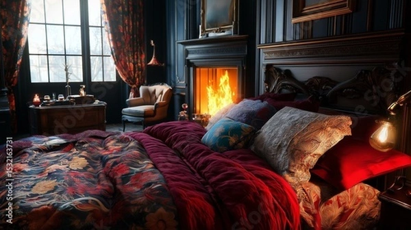 Obraz Luxurious bedroom with a large bed in the center. the bed is covered with a red and gold comforter and several colorful throw pillows.