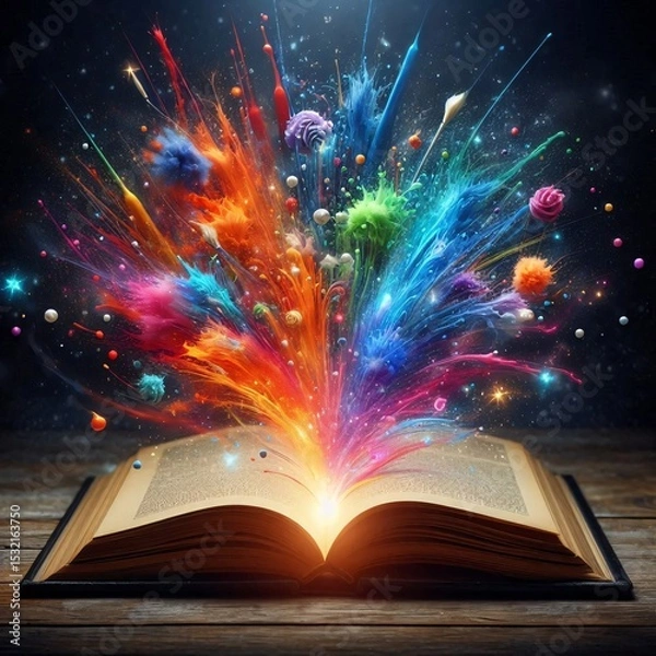 Obraz "Open Book of Imagination: An open book bursts forth with a radiant spectacle of multicolored light, creating a mesmerizing visual representation of the power of knowledge, fantasy.