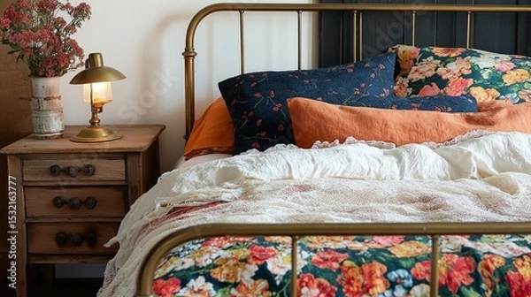 Obraz Bedroom with a bed in the center. the bed has a gold metal headboard and is covered with a white comforter with a floral pattern.