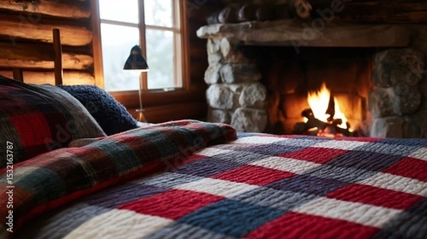Fototapeta Cozy bedroom with a fireplace in the background. the fireplace is made of stone and has a fire burning inside. the room has wooden walls and a window with a view of trees outside.