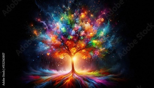 Obraz The Tree of Life: A vibrant, fantastical tree bursts with a kaleidoscope of colors, its branches reaching toward a starry, swirling sky, symbolizing growth, connection.