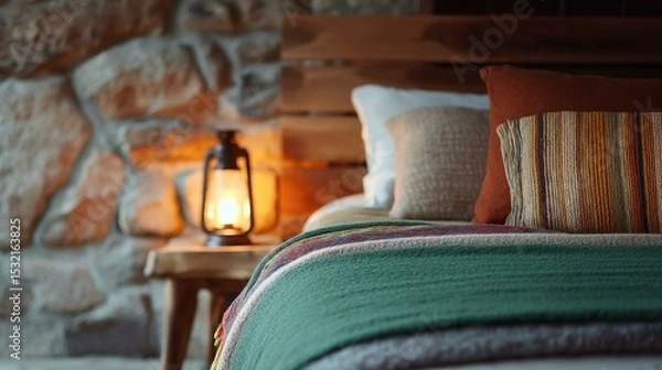 Obraz Cozy bedroom with a stone wall in the background. on the right side of the image, there is a bed with a wooden headboard and a green blanket on top of it.