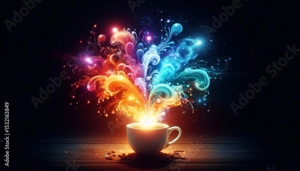 Obraz Brew of Brilliance: A photorealistic cup of coffee, radiating bursts of colorful energy, symbolizes inspiration and creativity, amidst a dark background, with coffee bean as the foreground element.