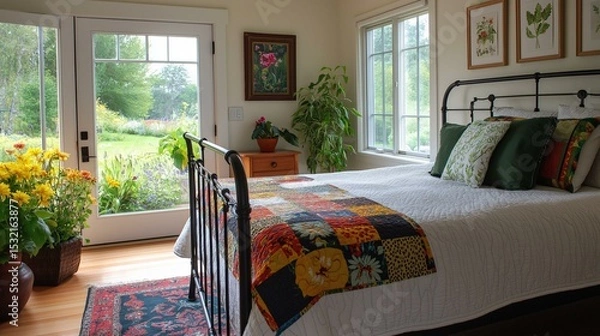 Fototapeta Bedroom with a large window on the right side of the room. the window has a view of a garden outside with trees and greenery.