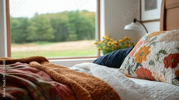 Obraz Bedroom with a large window that offers a beautiful view of a green field and trees. the window is open, allowing natural light to enter the room.