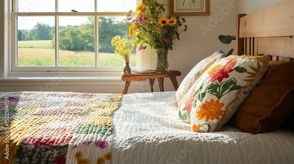 Obraz Bedroom with a large window that offers a beautiful view of the countryside. the window is open and lets in natural light, allowing natural light to enter the room.