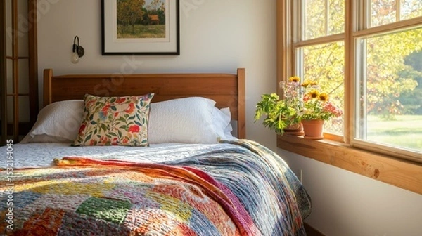 Obraz Bedroom with a large window on the right side. the window has a view of trees and greenery outside. on the left side of the window, there is a wooden ladder leaning against the wall.