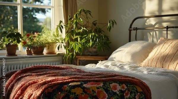 Obraz Bedroom with a bed in the center. the bed has a white comforter and two orange throw pillows. on the left side of the bed, there is a window with a view of trees and greenery outside.