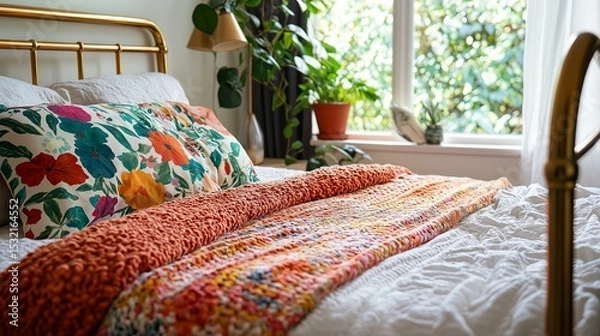 Obraz Bedroom with a bed in the center. the bed has a gold metal headboard and white sheets. on the left side of the bed, there is a colorful floral pillow with red, orange, and green flowers.