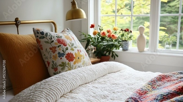 Fototapeta Bedroom with a large window on the right side. the window has white frames and is letting in natural light.