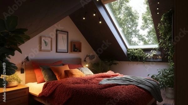 Obraz Bedroom with a large window on the right side of the room. the window has a skylight that allows natural light to enter the room, creating a bright and airy atmosphere.