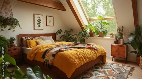 Obraz Bedroom with a large window on the right side of the room. the window has a wooden frame and is covered with a yellow comforter and several colorful throw pillows.