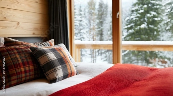Obraz Bedroom with a large window that offers a view of a snowy forest. the window is made of wood and has a wooden frame.